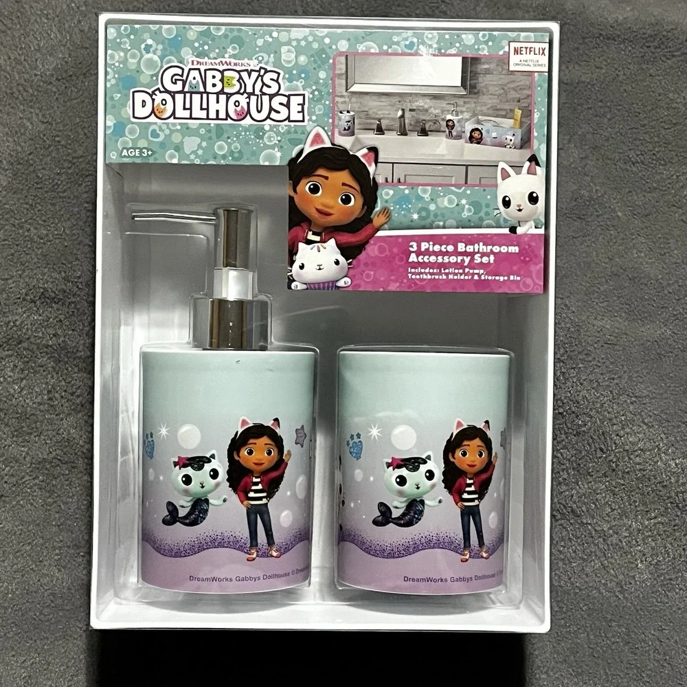 Gabby's Dollhouse 3 Piece‎ Bathroom Set: Lotion/Soap Disp-toothbrush Holder-Bin